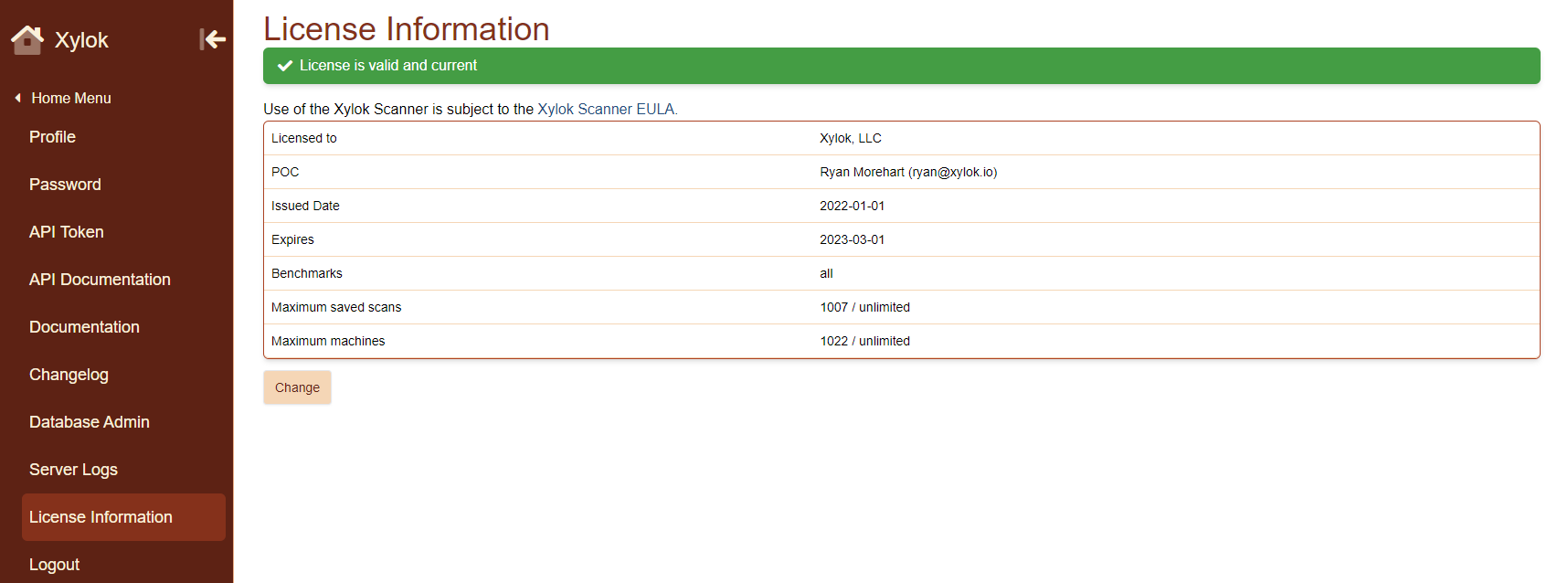 License information page example